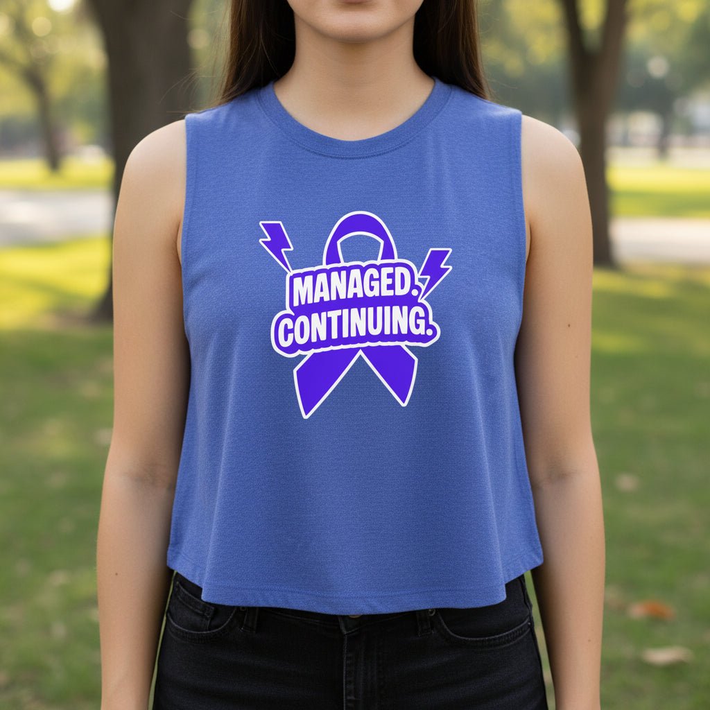 Managed. Continuing. Women’s Crop Top | Epilepsy Awareness - Clothing, Women, T-Shirts, Cropped - EpiAl's Shop