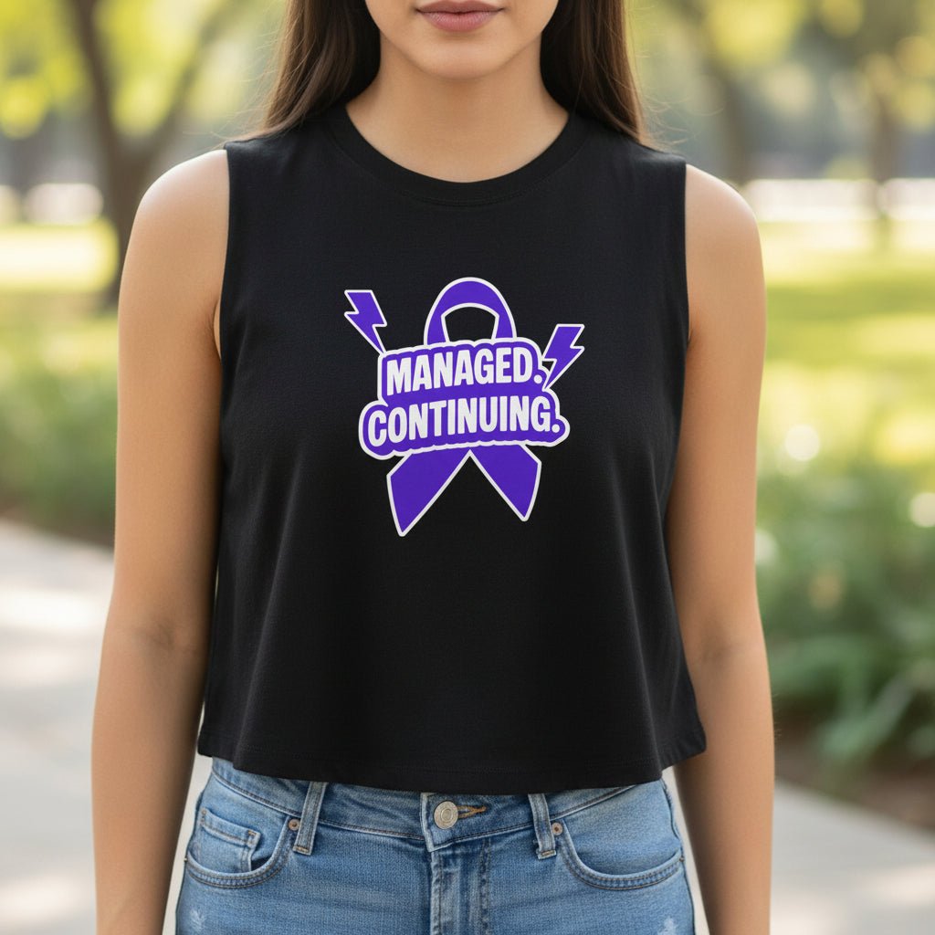 Managed. Continuing. Women’s Crop Top | Epilepsy Awareness - Clothing, Women, T-Shirts, Cropped - EpiAl's Shop