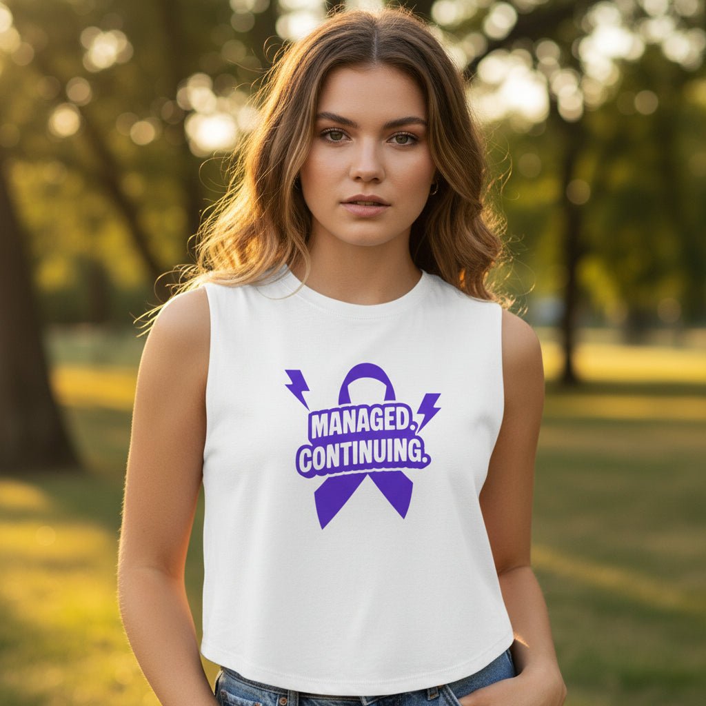 Managed. Continuing. Women’s Crop Top | Epilepsy Awareness - Clothing, Women, T-Shirts, Cropped - EpiAl's Shop