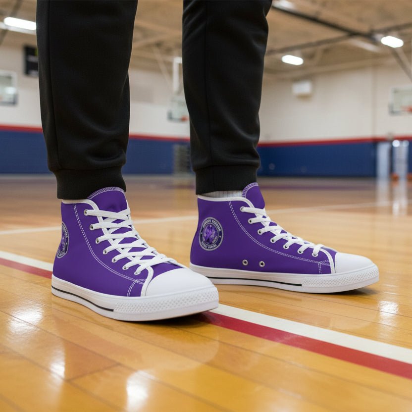 Men’s Purple High-Top Sneakers – Epilepsy Awareness Faux Seal Design - Shoes, Sneakers - EpiAl's Shop