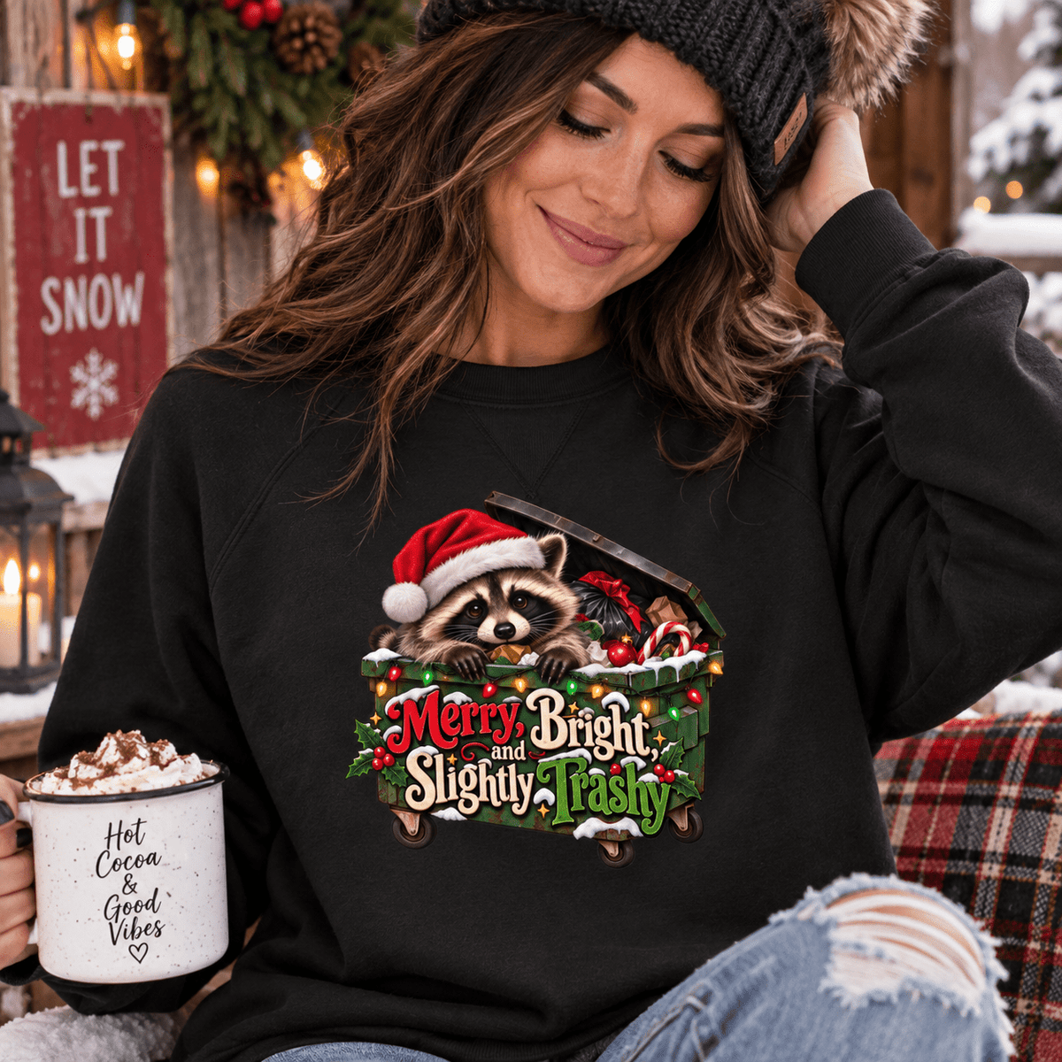 Merry, Bright, and Slightly Trashy Jimothy Raccoon Christmas Sweatshirt - Clothing, Unisex, T-Shirts, Long-Sleeved - EpiAl's Shop