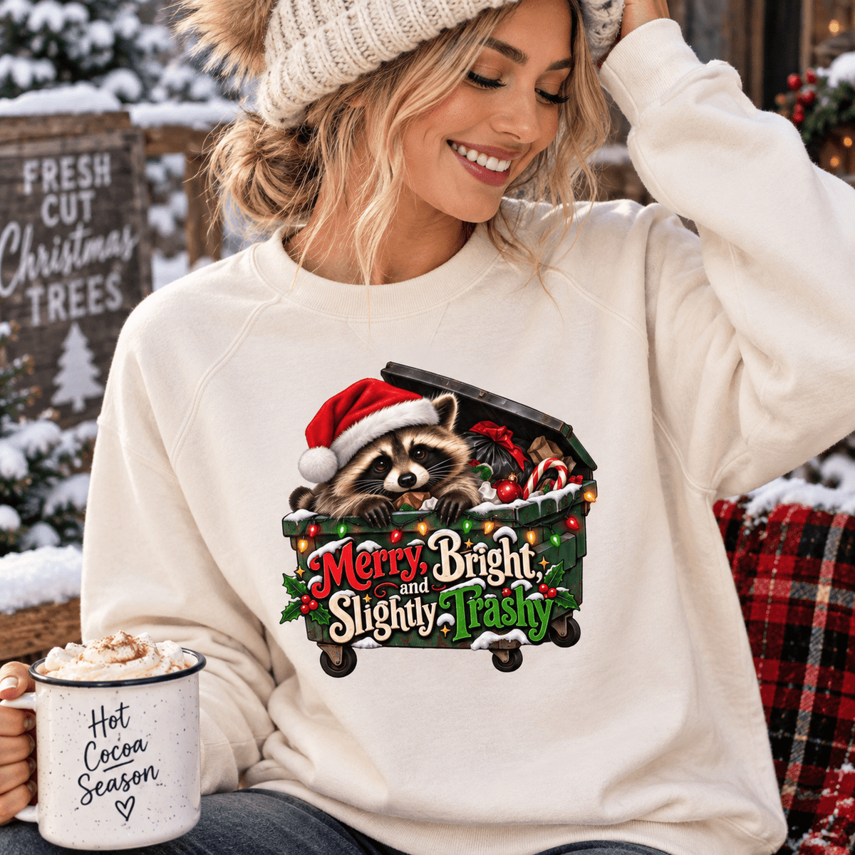 Merry, Bright, and Slightly Trashy Jimothy Raccoon Christmas Sweatshirt - Clothing, Unisex, T-Shirts, Long-Sleeved - EpiAl's Shop