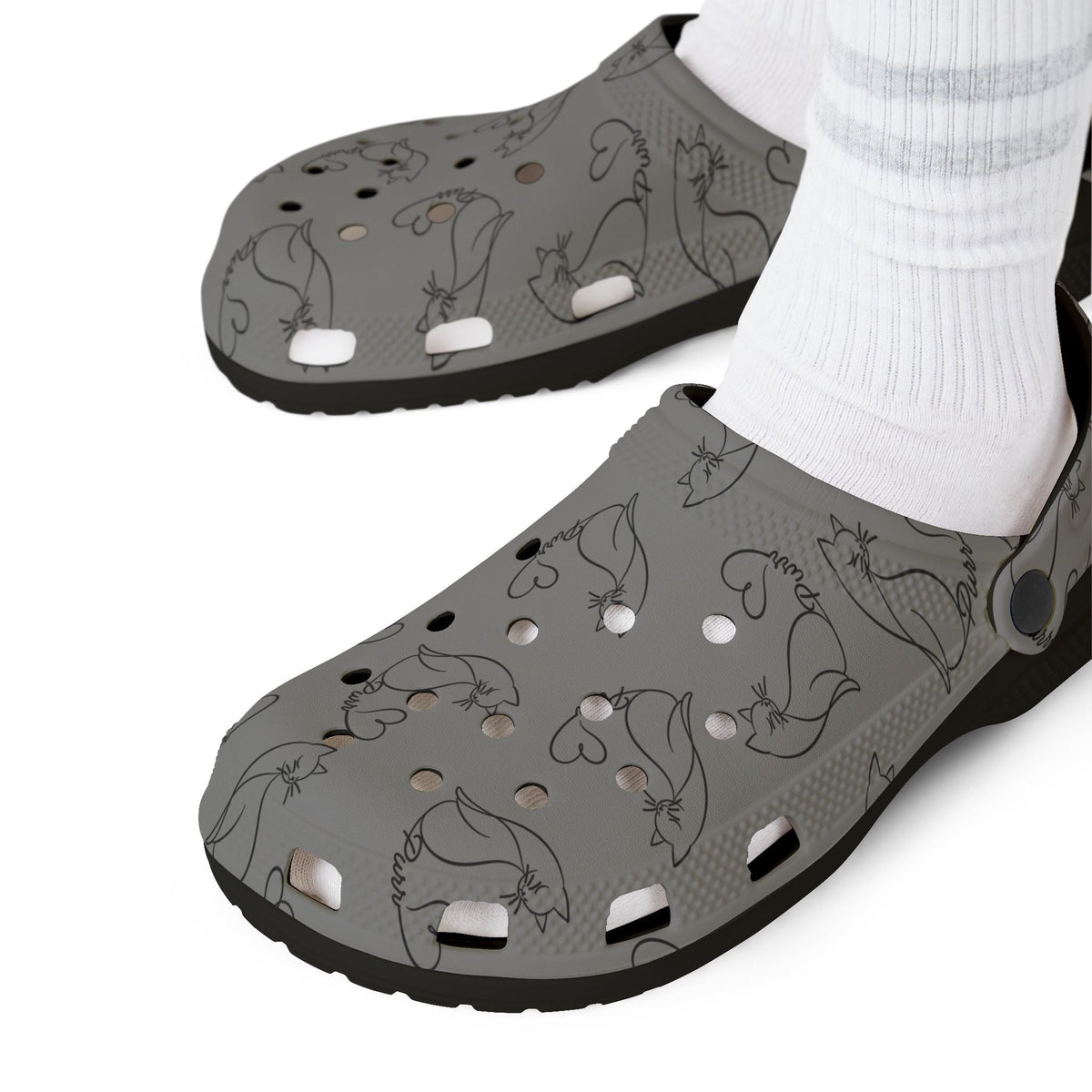 Minimalist Cat Line Art EVA Clogs – Grey All-Over Print Slip-Ons - Shoes, Clogs - EpiAl's Shop