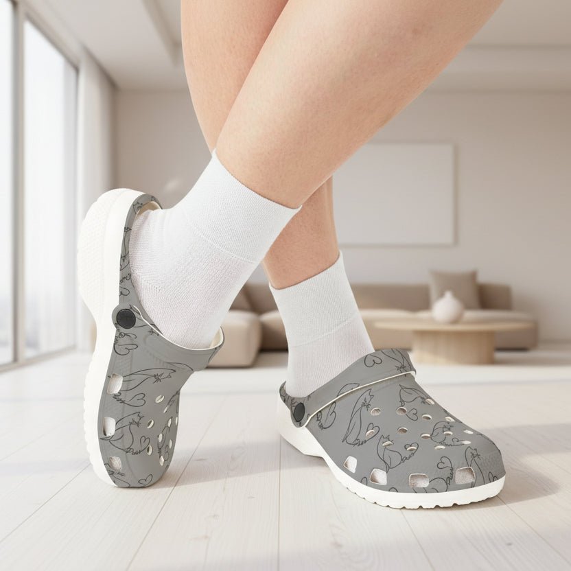 Minimalist Cat Line Art EVA Clogs – Grey All-Over Print Slip-Ons - Shoes, Clogs - EpiAl's Shop