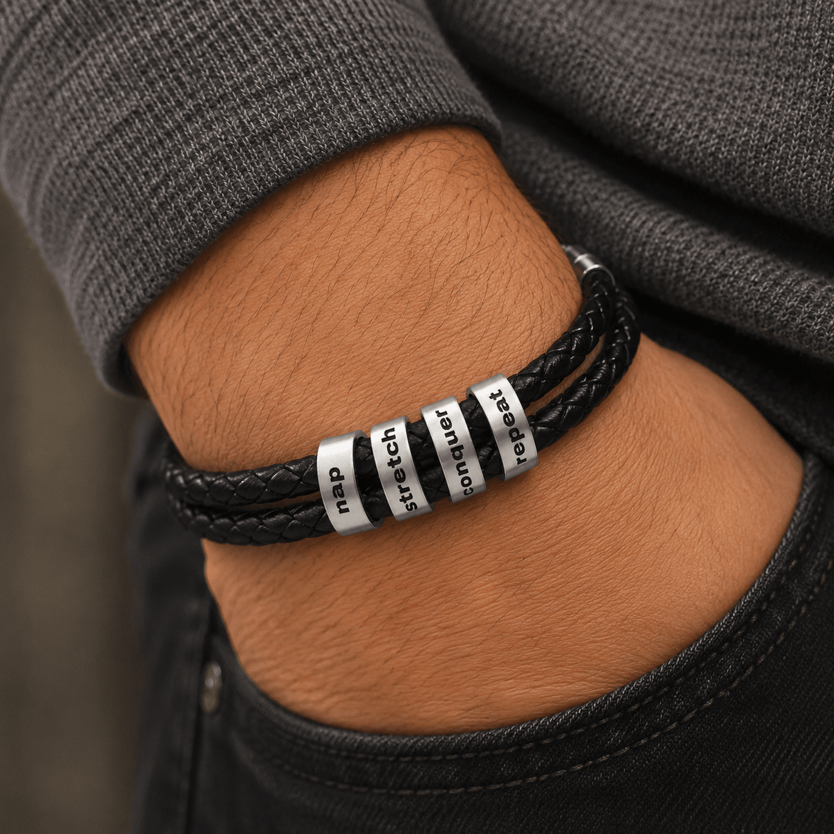 Nap Stretch Conquer Repeat Leather Bracelet - Jewelry, Bracelets - EpiAl's Shop
