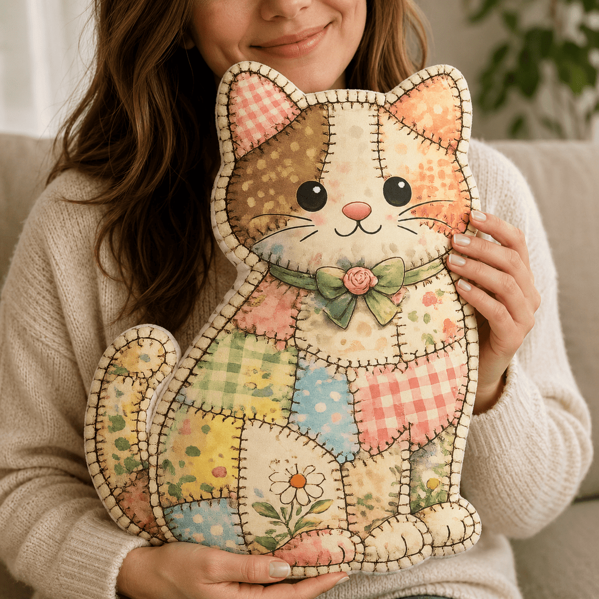 Patchwork Kitty Shaped Pillow - Decor, Pillows, Shaped - EpiAl's Shop