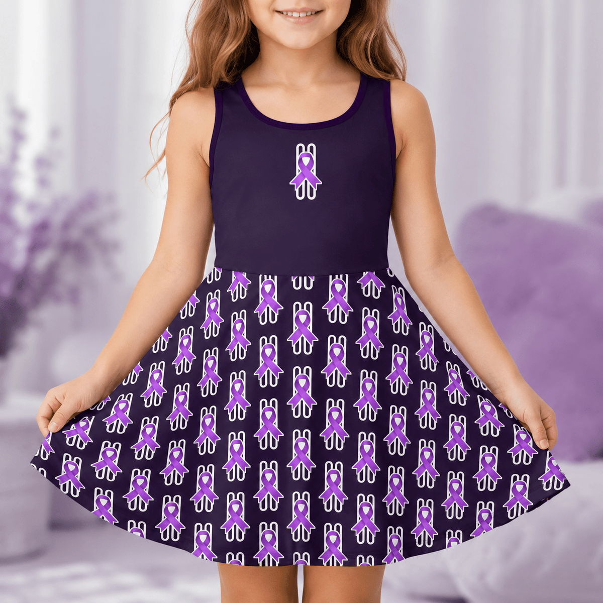 Pause for Epilepsy Awareness Girls Dress – Purple Ribbon Sleeveless Twirl Dress - Clothing, Youth, Girls, Dress - EpiAl's Shop