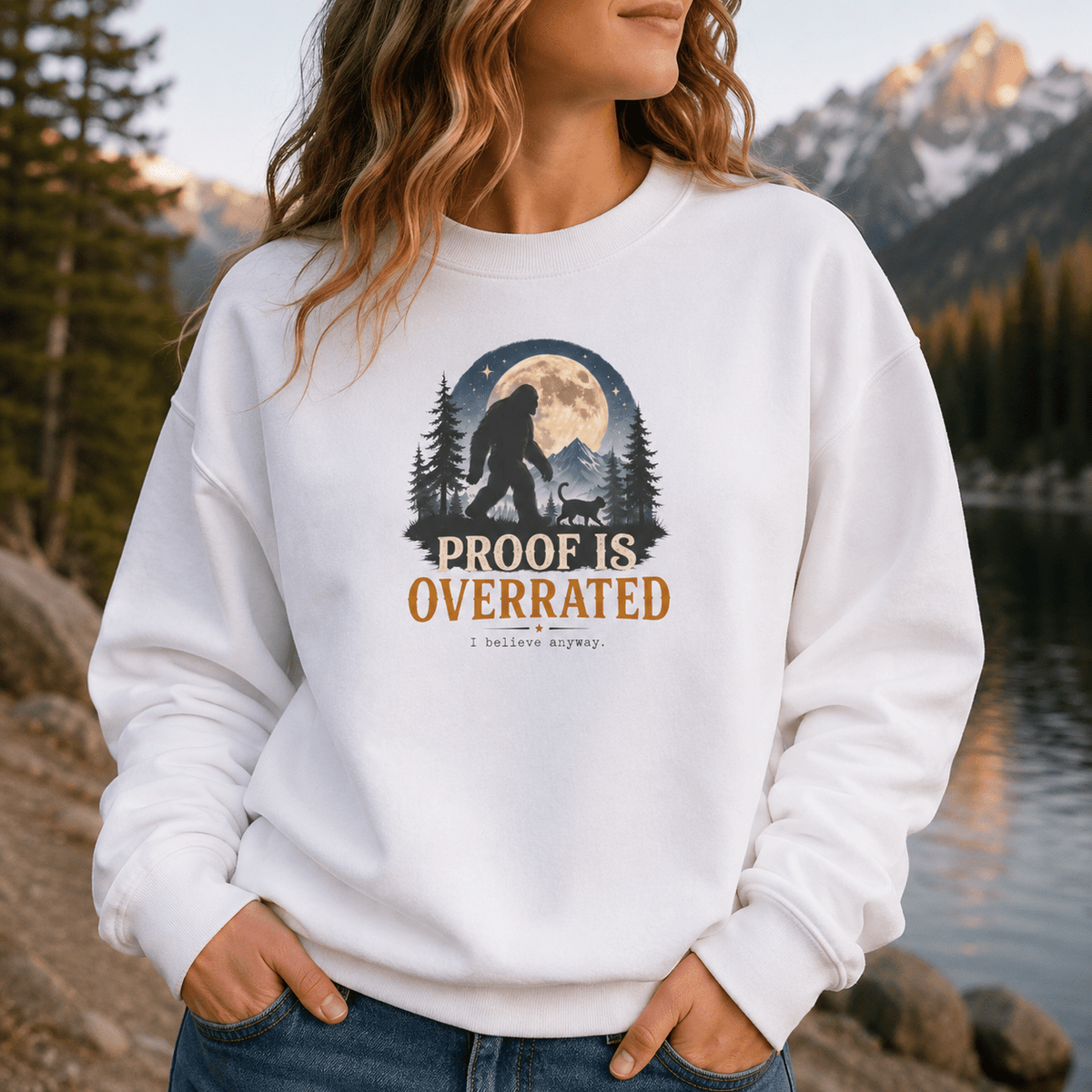 Proof Is Overrated Sasquatch & Cat Crewneck Sweatshirt - Clothing, Unisex, Sweatshirts - EpiAl's Shop