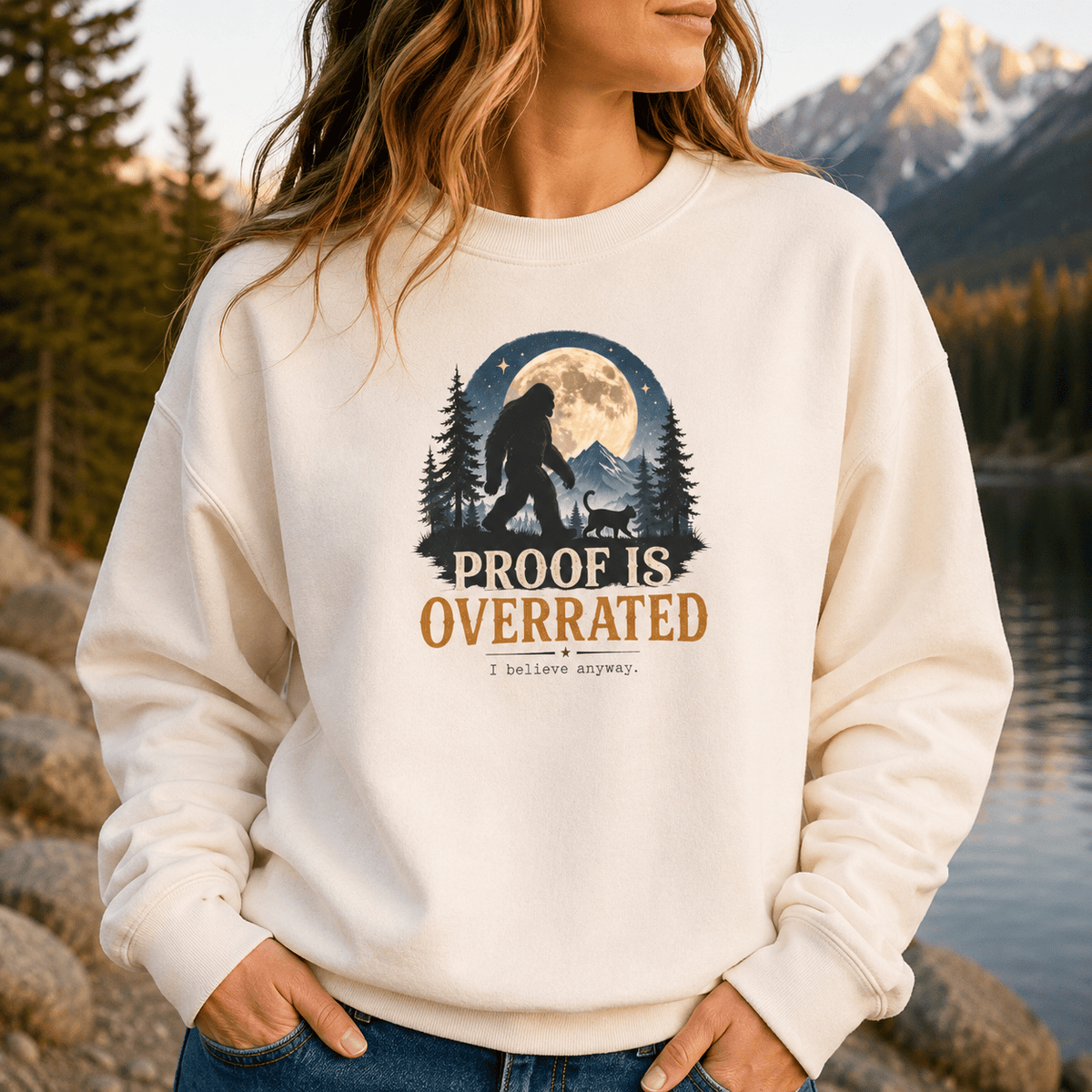 Proof Is Overrated Sasquatch & Cat Crewneck Sweatshirt - Clothing, Unisex, Sweatshirts - EpiAl's Shop