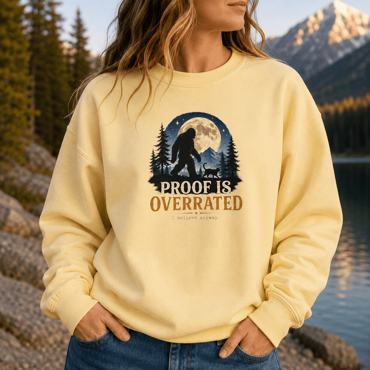 Proof Is Overrated Sasquatch & Cat Crewneck Sweatshirt - Clothing, Unisex, Sweatshirts - EpiAl's Shop