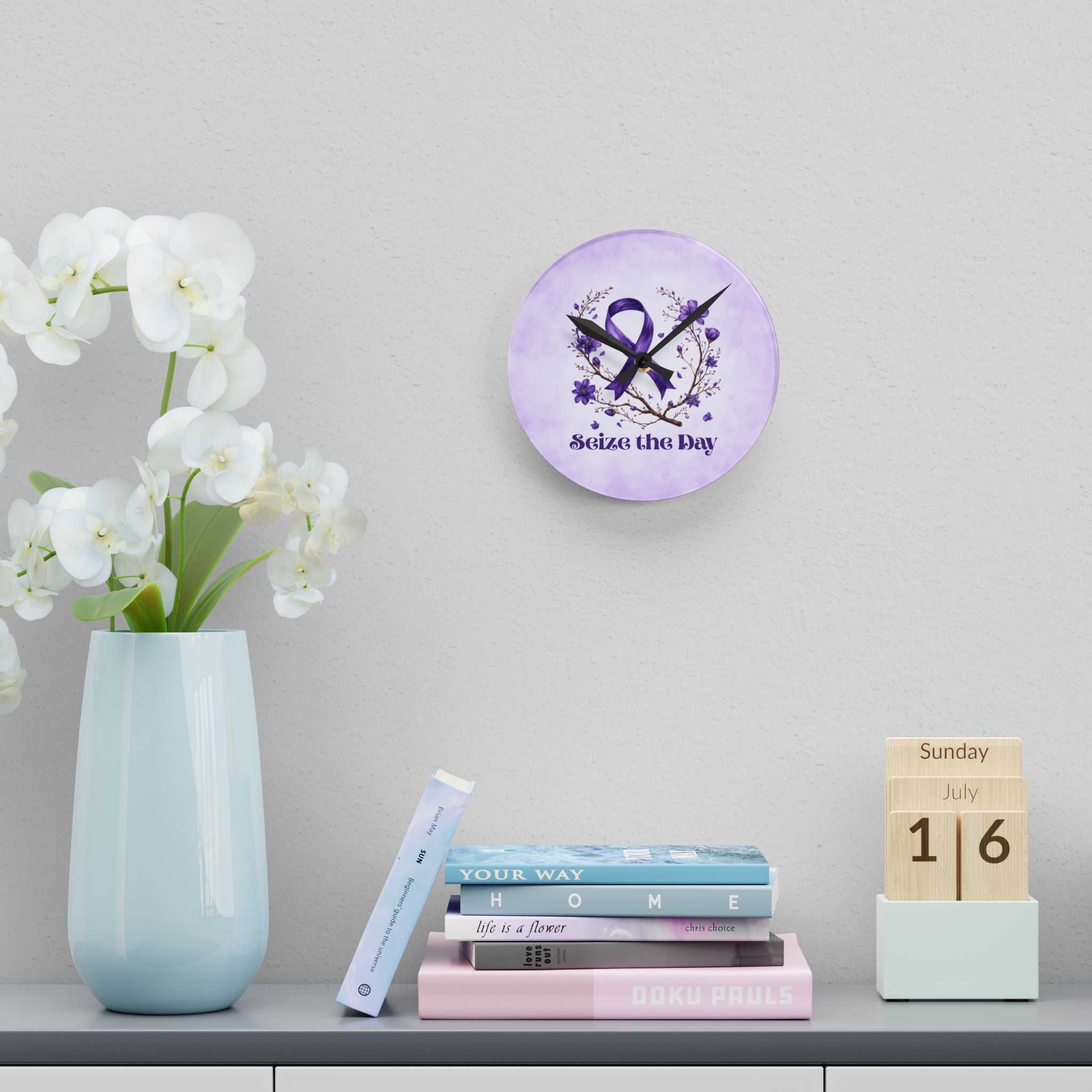 Purple Floral Seize the Day Acrylic Wall Clock - Decor, Home, Wall Clocks - EpiAl's Shop