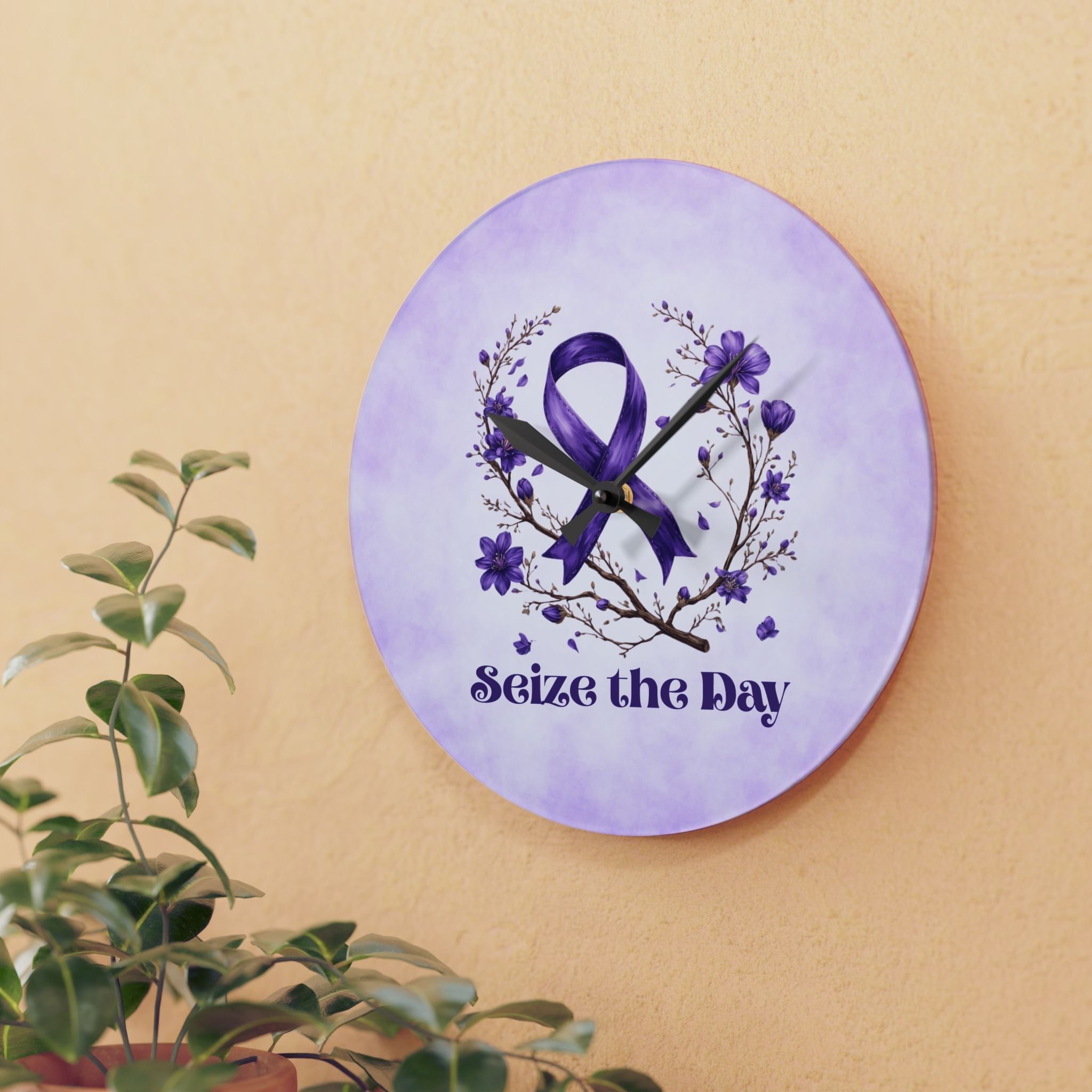 Purple Floral Seize the Day Acrylic Wall Clock - Decor, Home, Wall Clocks - EpiAl's Shop