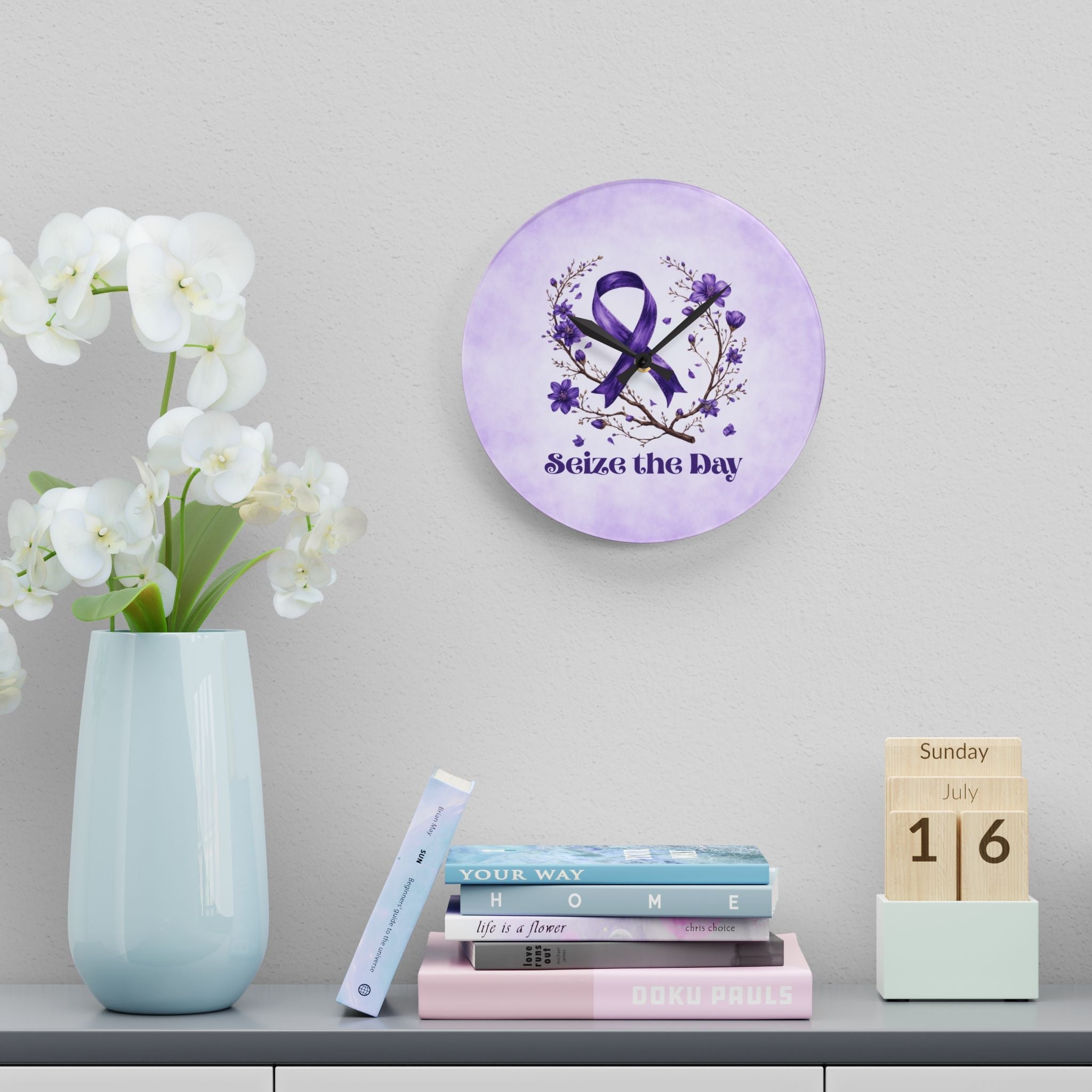 Purple Floral Seize the Day Acrylic Wall Clock - Decor, Home, Wall Clocks - EpiAl's Shop