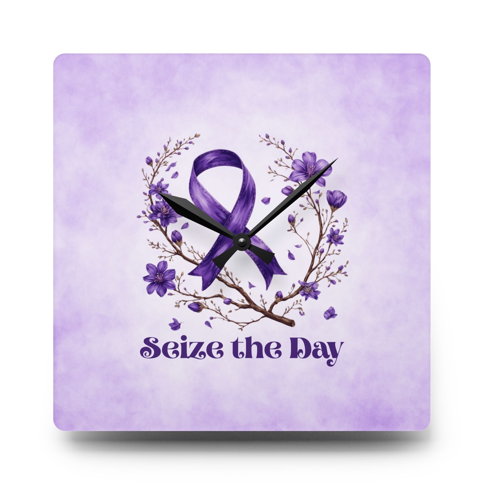 Purple Floral Seize the Day Acrylic Wall Clock - Decor, Home, Wall Clocks - EpiAl's Shop
