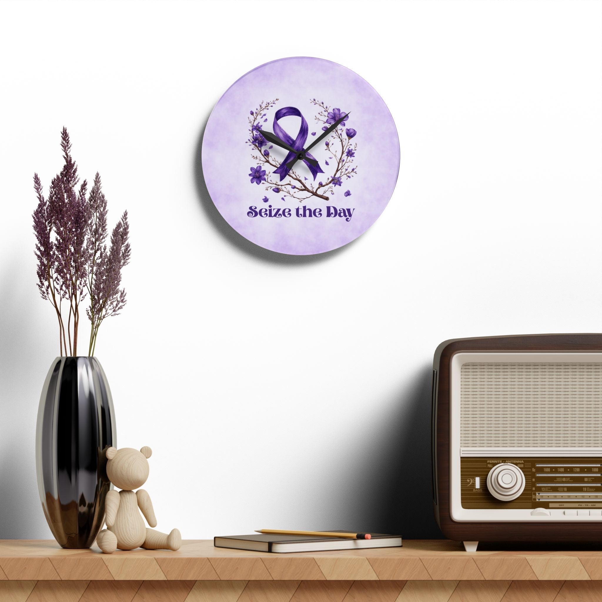 Purple Floral Seize the Day Acrylic Wall Clock - Decor, Home, Wall Clocks - EpiAl's Shop