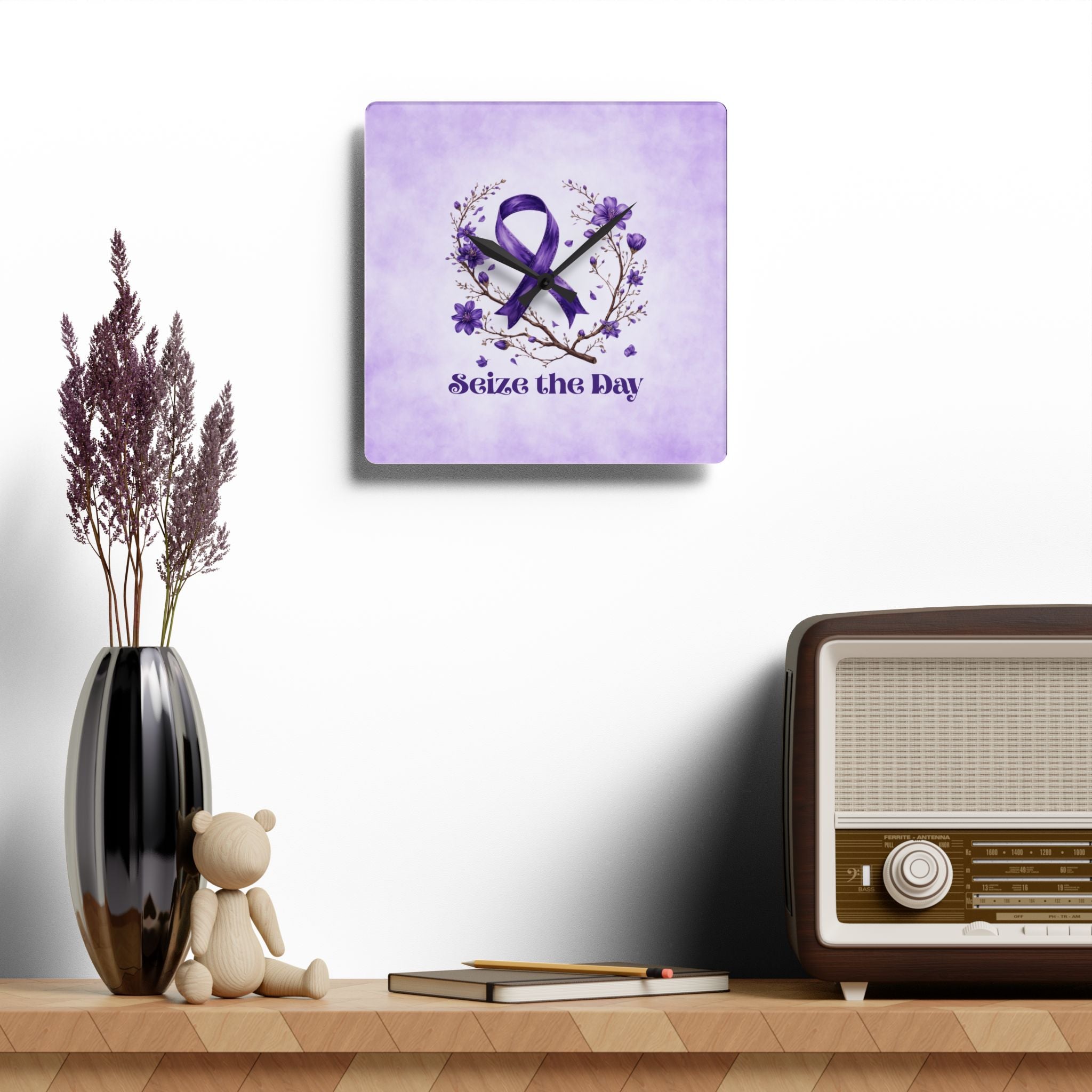 Purple Floral Seize the Day Acrylic Wall Clock - Decor, Home, Wall Clocks - EpiAl's Shop