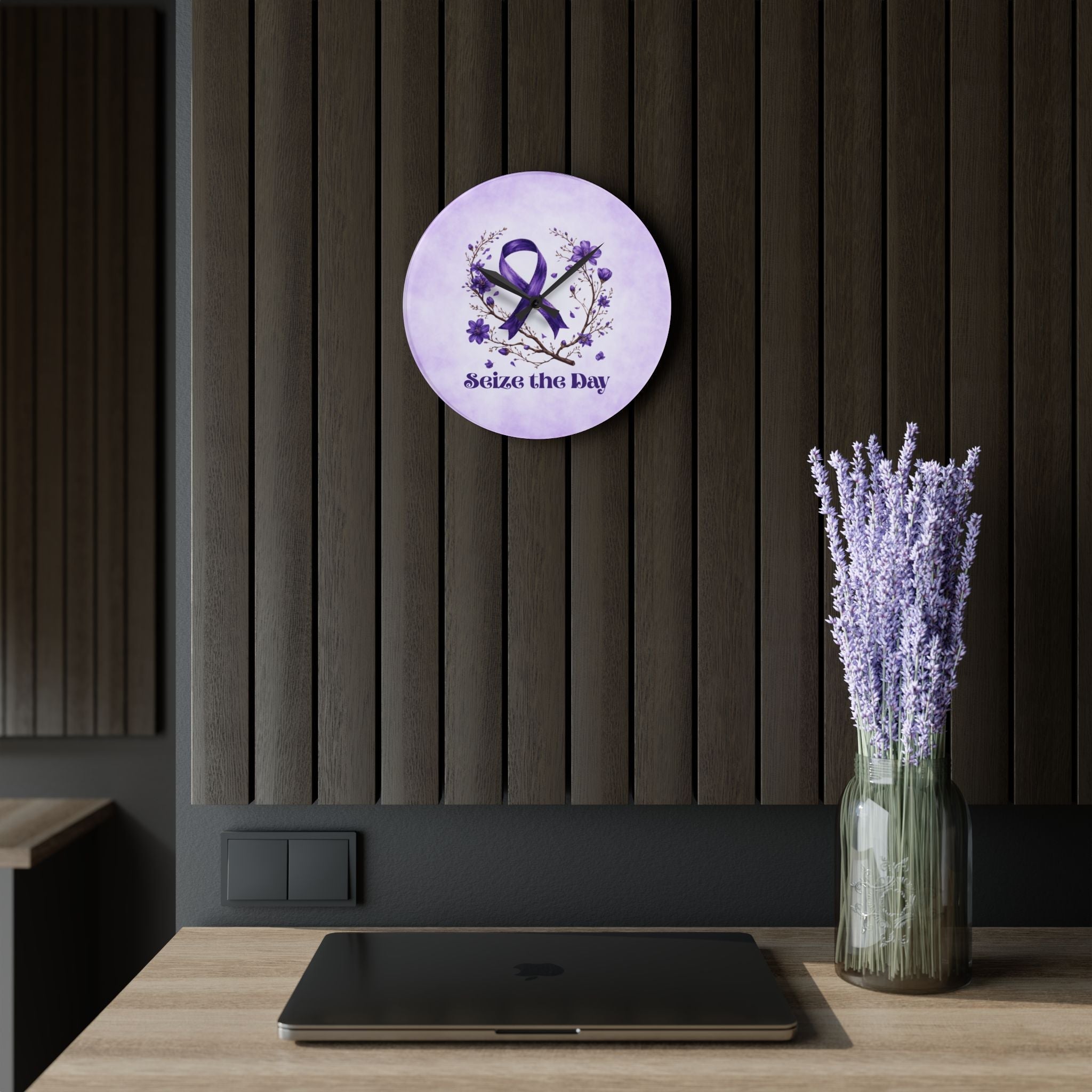 Purple Floral Seize the Day Acrylic Wall Clock - Decor, Home, Wall Clocks - EpiAl's Shop