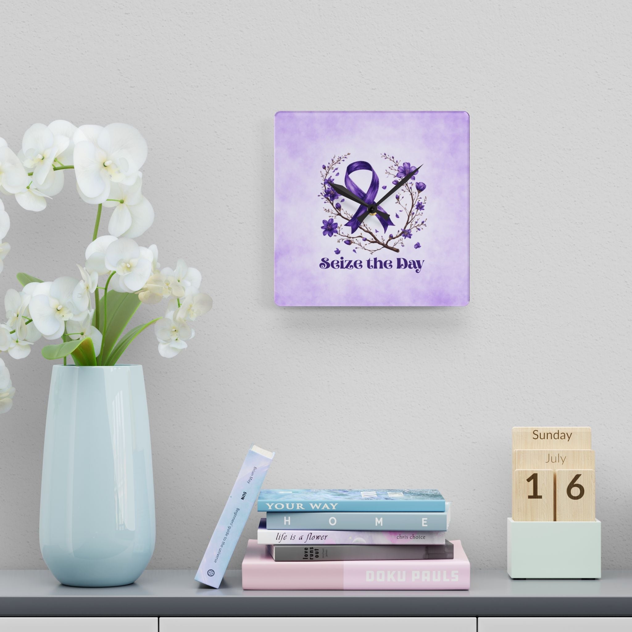 Purple Floral Seize the Day Acrylic Wall Clock - Decor, Home, Wall Clocks - EpiAl's Shop