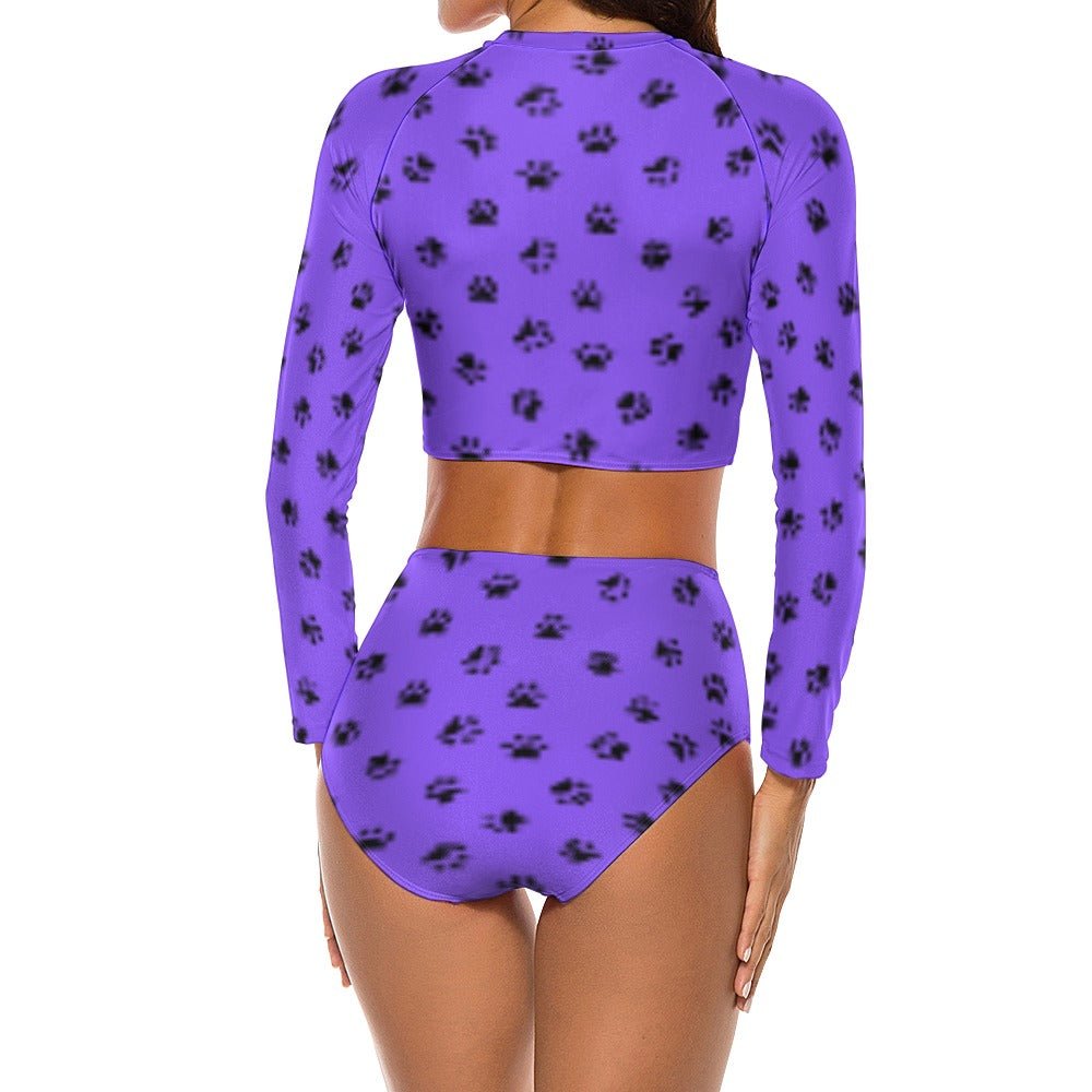 Purple Kitty Paws Long Sleeve Crew Neck Ladies Bikini Swimsuit - Swimwear - Epileptic Al’s Shop