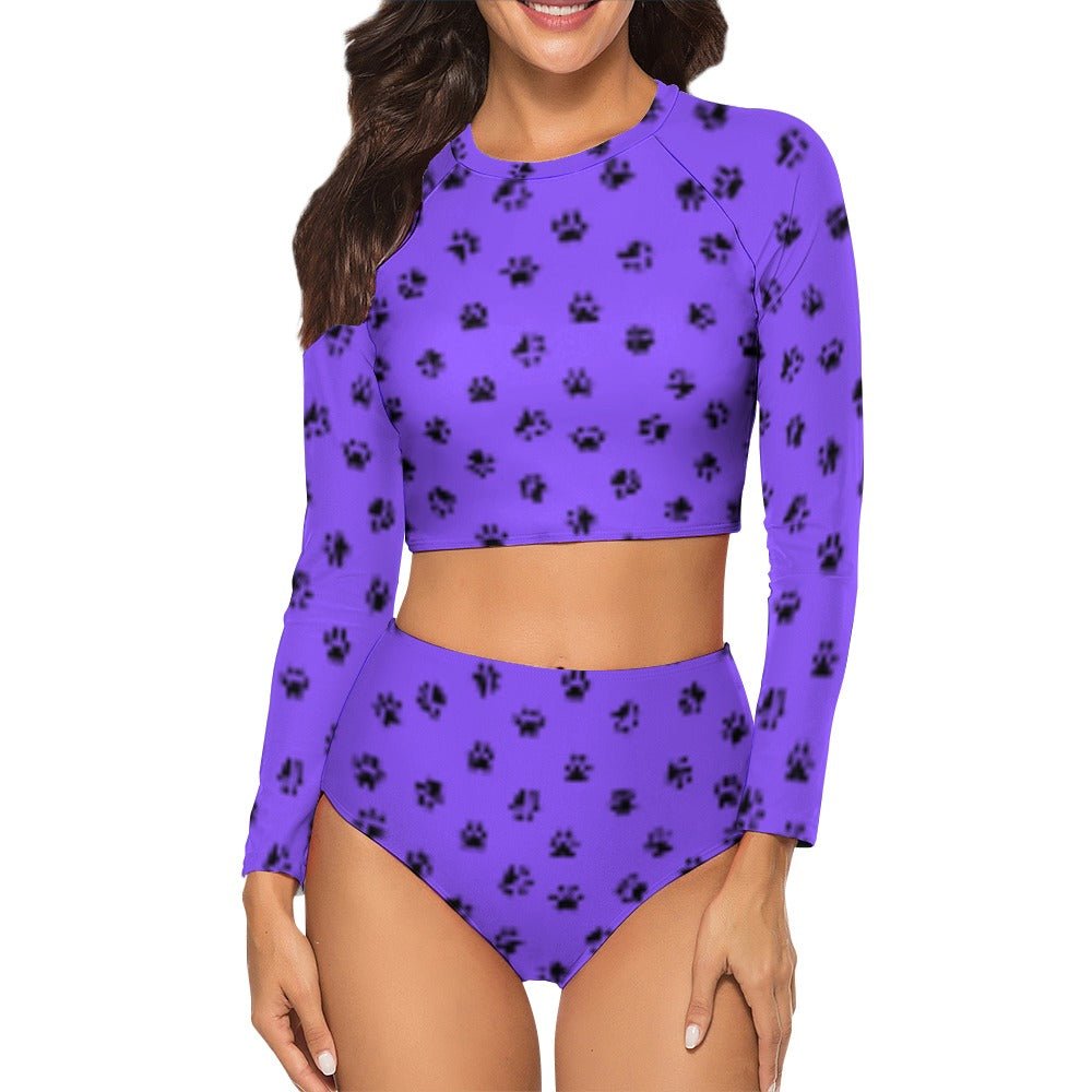 Purple Kitty Paws Long Sleeve Crew Neck Ladies Bikini Swimsuit - Swimwear - Epileptic Al’s Shop