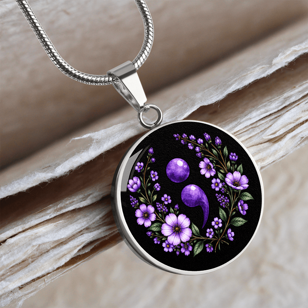 Purple Semicolon Wildflower Pendant Necklace | Suicide Awareness & Prevention Jewelry - Jewelry, Necklaces - EpiAl's Shop