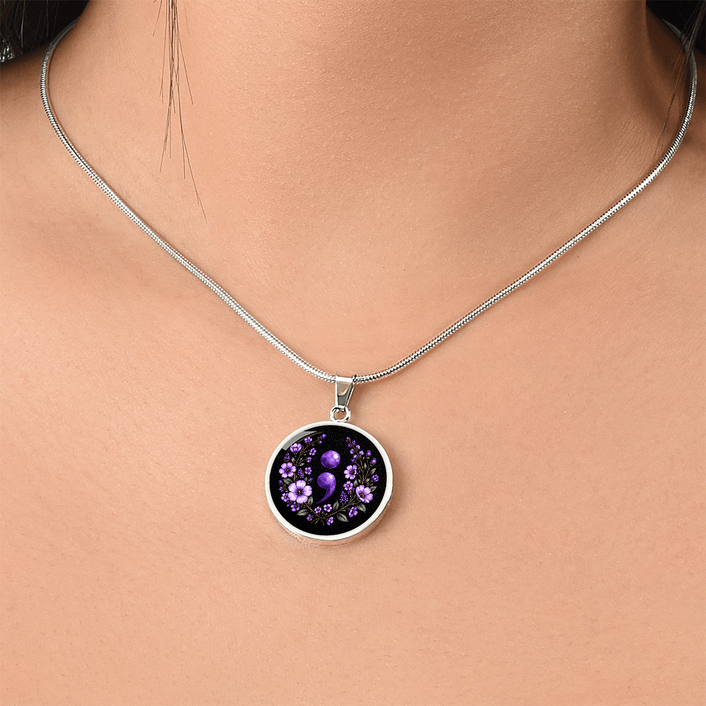 Purple Semicolon Wildflower Pendant Necklace | Suicide Awareness & Prevention Jewelry - Jewelry, Necklaces - EpiAl's Shop