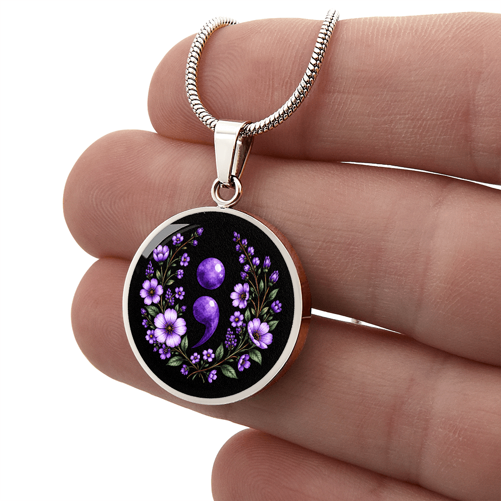 Purple Semicolon Wildflower Pendant Necklace | Suicide Awareness & Prevention Jewelry - Jewelry, Necklaces - EpiAl's Shop