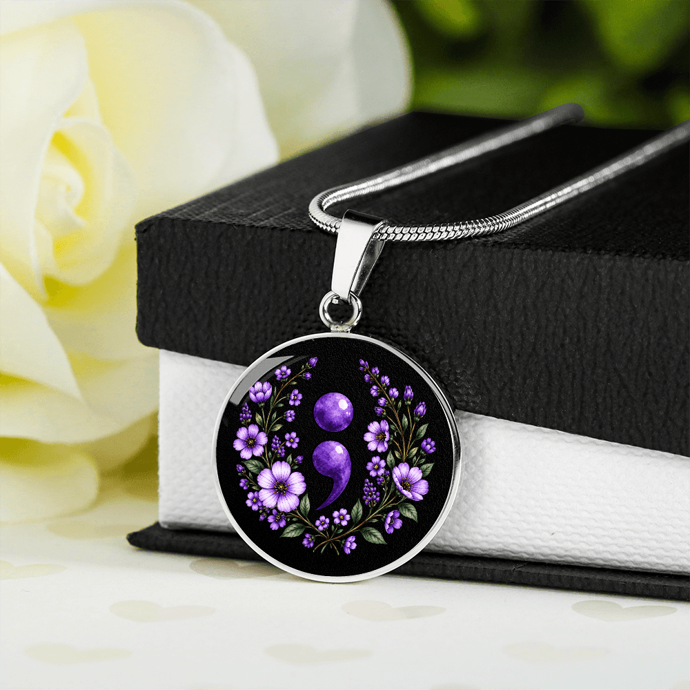 Purple Semicolon Wildflower Pendant Necklace | Suicide Awareness & Prevention Jewelry - Jewelry, Necklaces - EpiAl's Shop