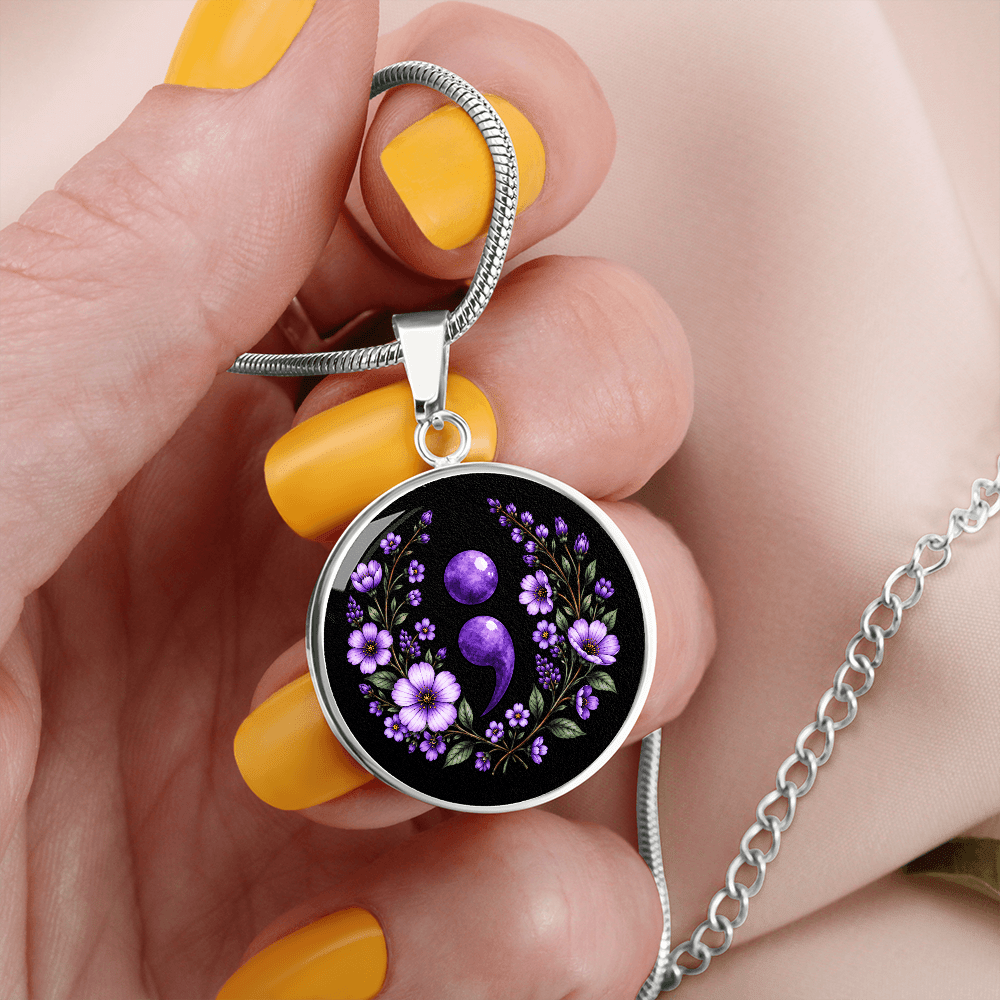 Purple Semicolon Wildflower Pendant Necklace | Suicide Awareness & Prevention Jewelry - Jewelry, Necklaces - EpiAl's Shop