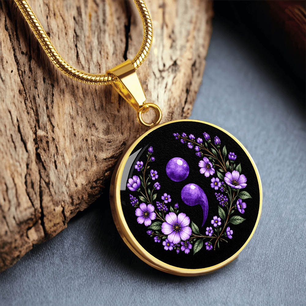 Purple Semicolon Wildflower Pendant Necklace | Suicide Awareness & Prevention Jewelry - Jewelry, Necklaces - EpiAl's Shop