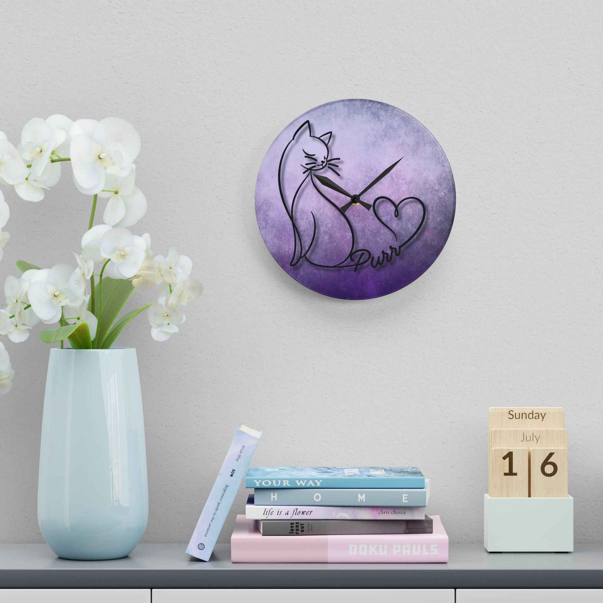 Purr Cat Heart Acrylic Wall Clock – Minimalist Cat Lover Decor - Decor, Clocks, Wall - EpiAl's Shop