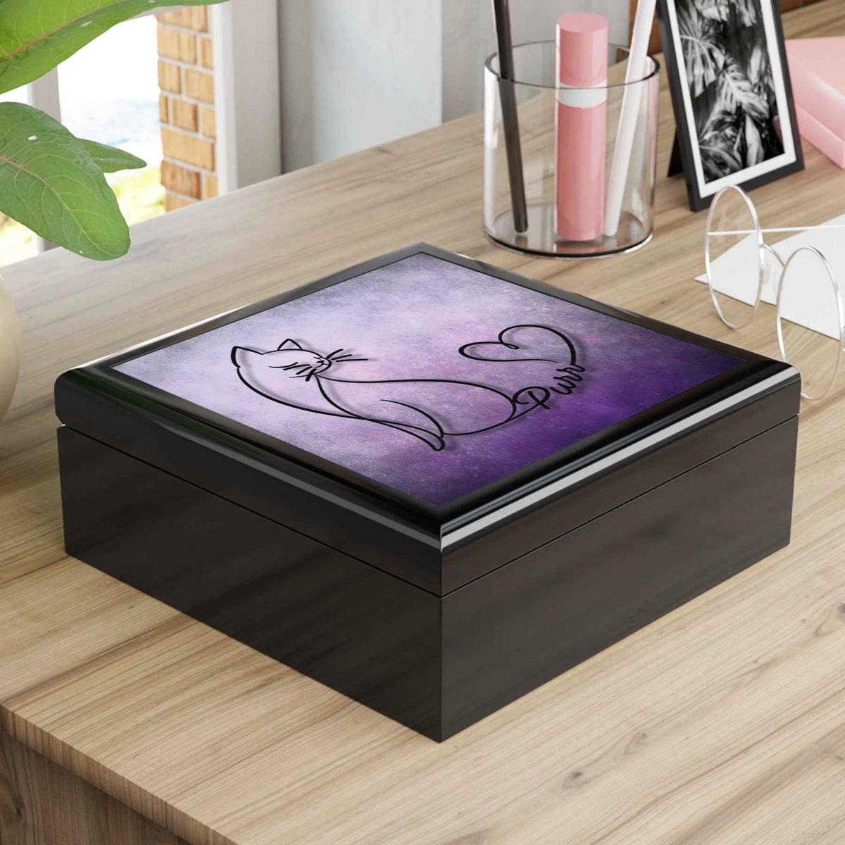 Purr – Line Art Cat Jewelry Box with Heart Tail - Decor, Jewelry Boxes - EpiAl's Shop