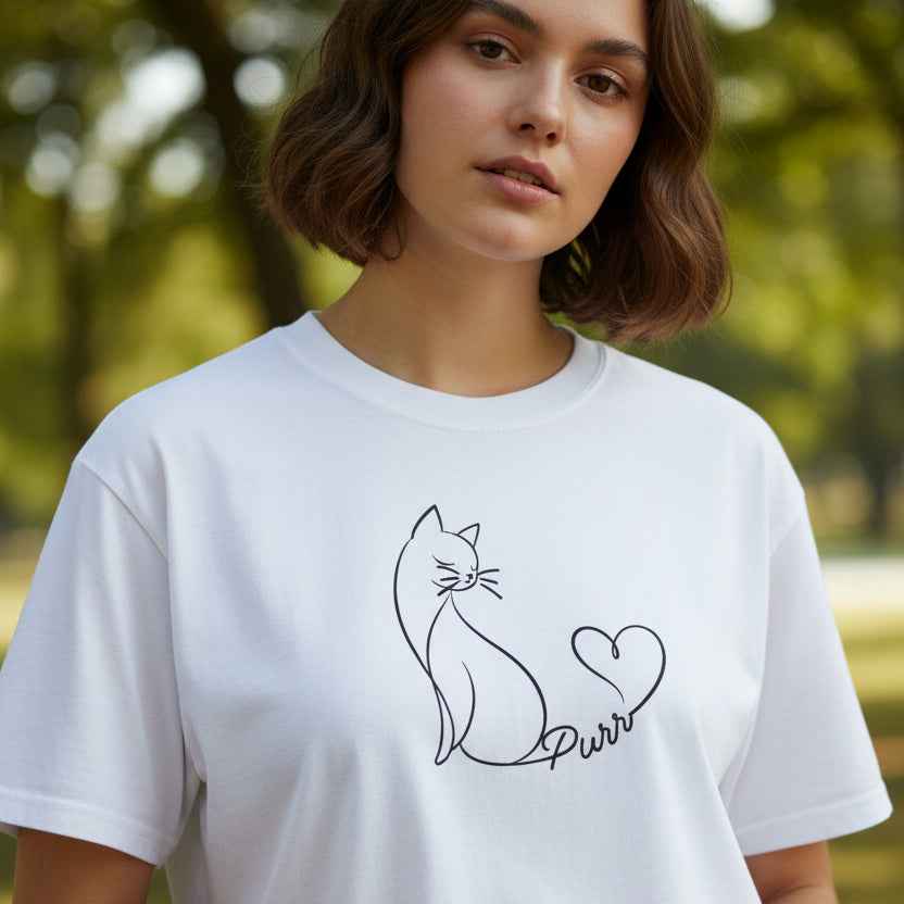 Purr Line Art Cat Unisex T-Shirt | Minimal Cat Lover Tee with Heart Tail - Clothing, Unisex, T-Shirts - EpiAl's Shop