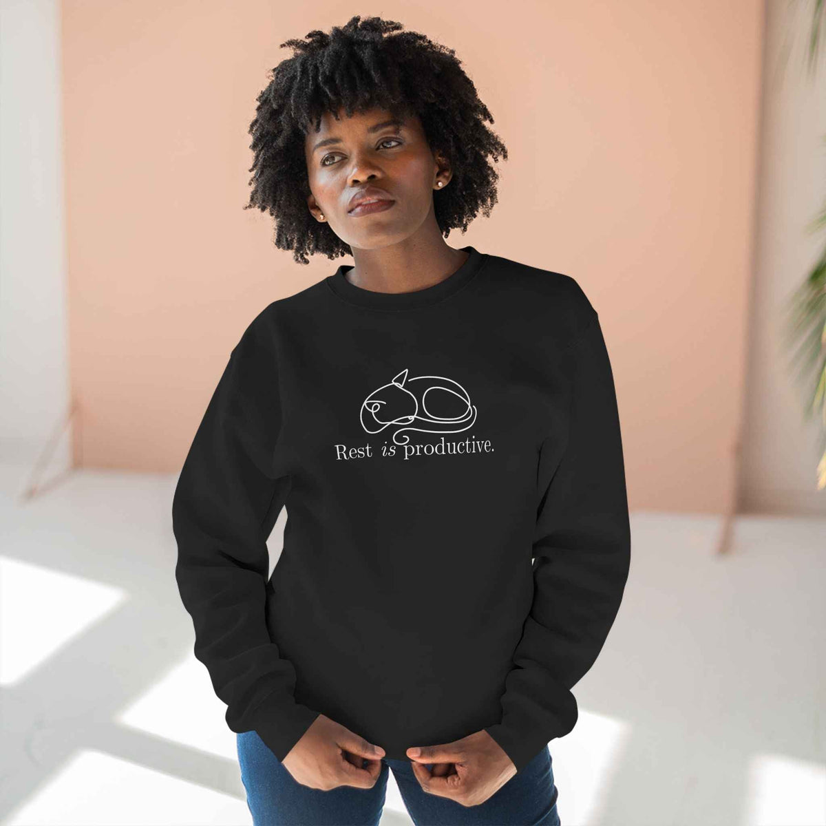 “Rest Is Productive” Minimalist Cat Sweatshirt – Comfort Fleece Pullover - Clothing, Unisex, Sweatshirts - EpiAl's Shop