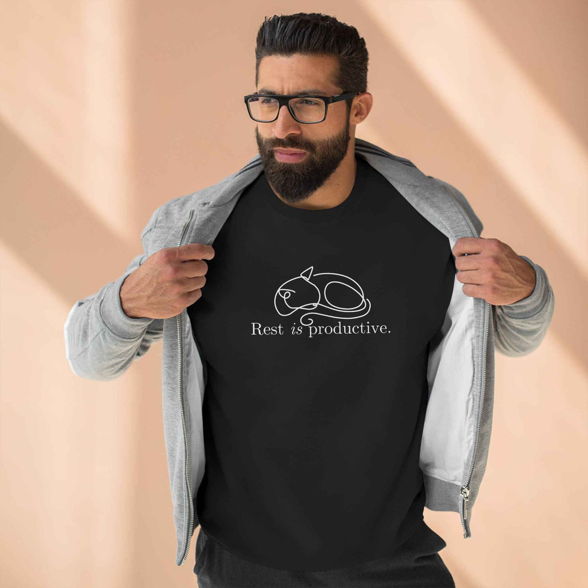 “Rest Is Productive” Minimalist Cat Sweatshirt – Comfort Fleece Pullover - Clothing, Unisex, Sweatshirts - EpiAl's Shop