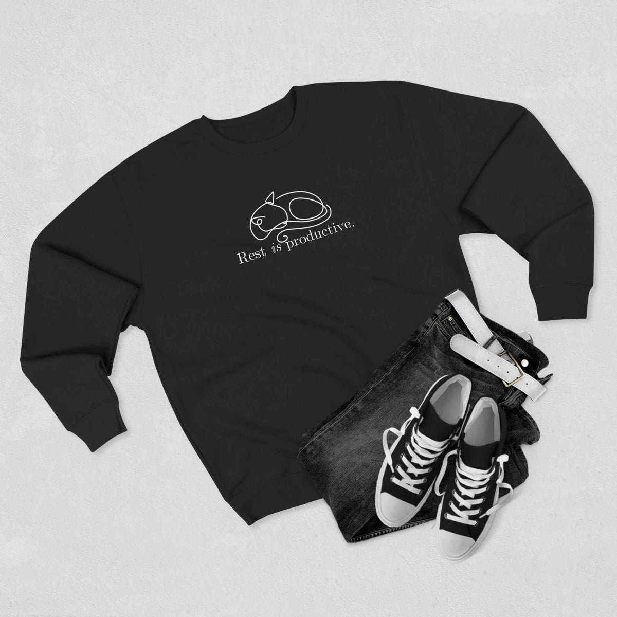 “Rest Is Productive” Minimalist Cat Sweatshirt – Comfort Fleece Pullover - Clothing, Unisex, Sweatshirts - EpiAl's Shop
