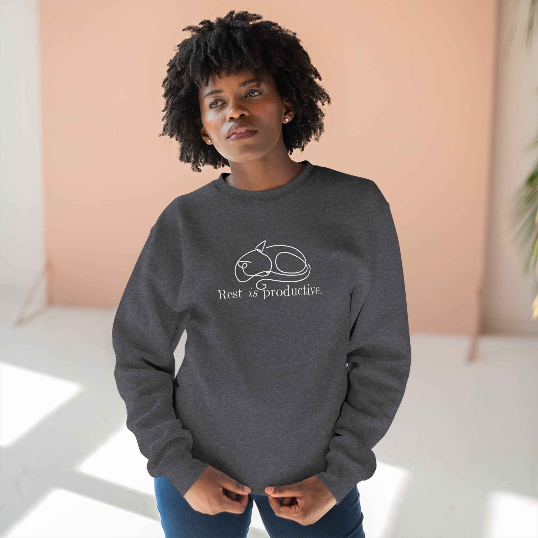 “Rest Is Productive” Minimalist Cat Sweatshirt – Comfort Fleece Pullover - Clothing, Unisex, Sweatshirts - EpiAl's Shop