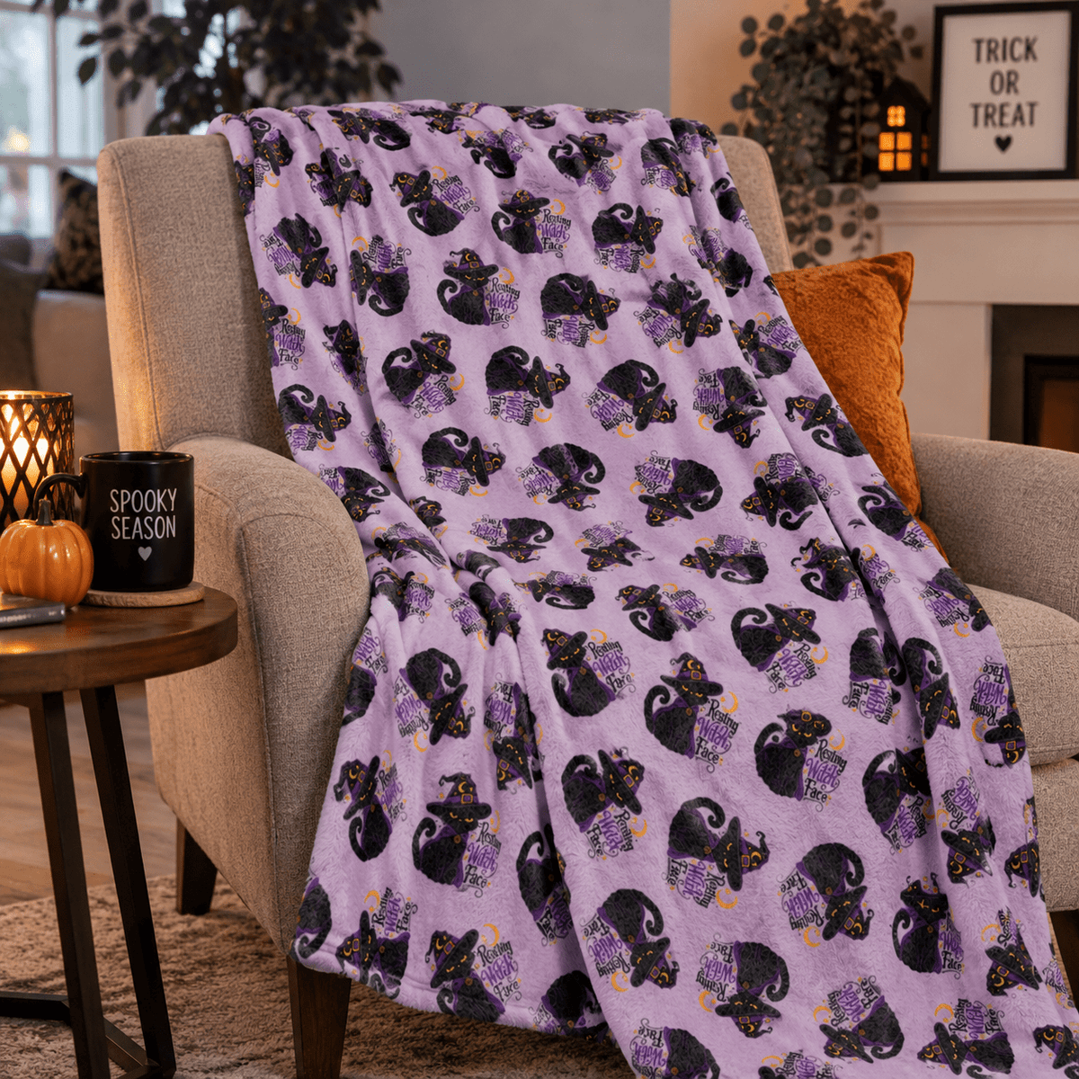 Resting Witch Face Black Cat Velveteen Blanket - Decor, Blankets, Throw - EpiAl's Shop