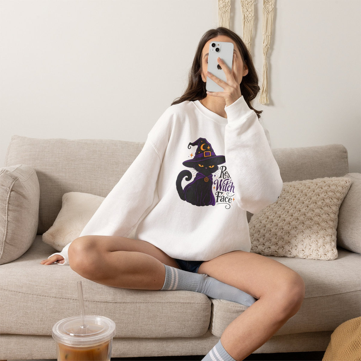 Resting Witch Face Cat Sweatshirt | Halloween Witch Cat Crewneck - Clothing, Unisex, Sweatshirts - EpiAl's Shop
