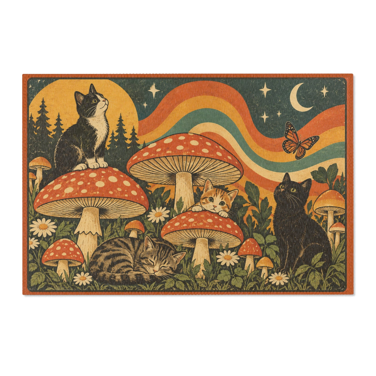 Retro Cats & Mushrooms Chenille Area Rug | Vintage Woodland Cottagecore Decor - Decor, Rugs, Indoor - EpiAl's Shop