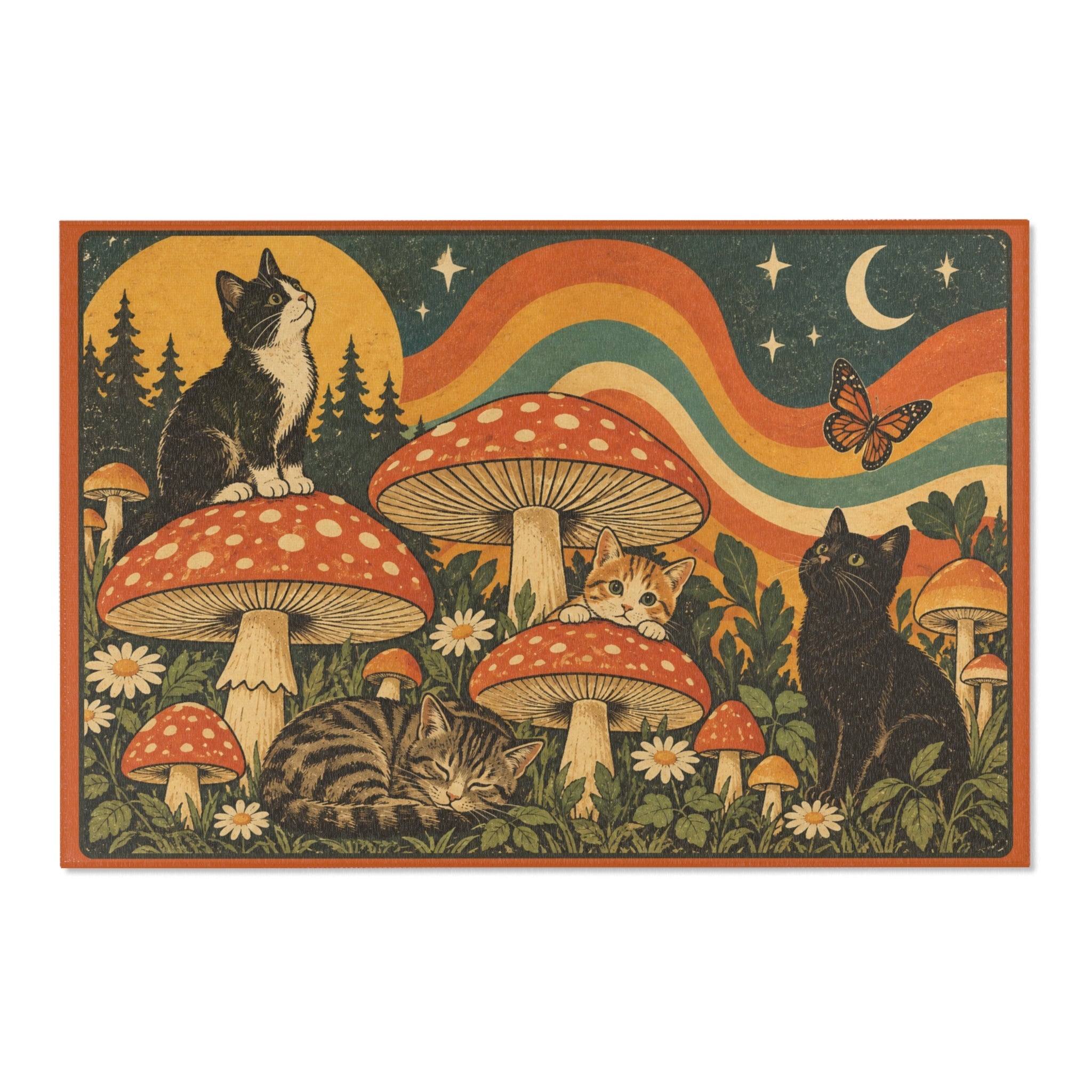 Retro Cats & Mushrooms Chenille Area Rug | Vintage Woodland Cottagecore Decor - Decor, Rugs, Indoor - EpiAl's Shop