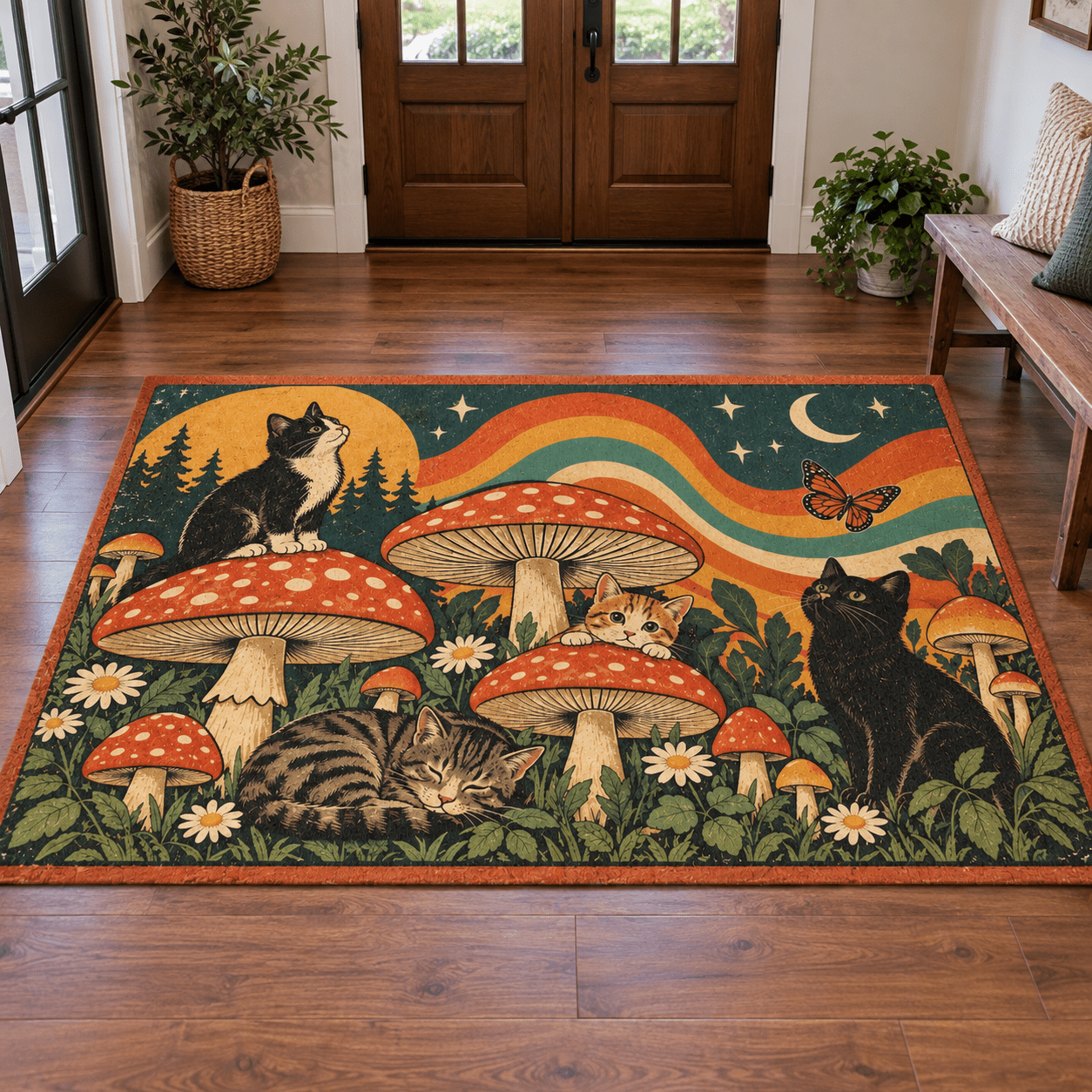 Retro Cats & Mushrooms Chenille Area Rug | Vintage Woodland Cottagecore Decor - Decor, Rugs, Indoor - EpiAl's Shop