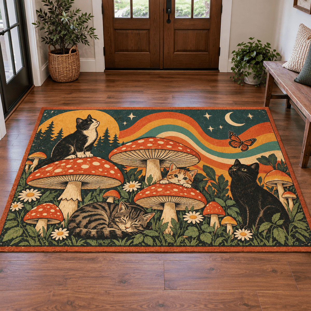 Retro Cats & Mushrooms Chenille Area Rug | Vintage Woodland Cottagecore Decor - Decor, Rugs, Indoor - EpiAl's Shop