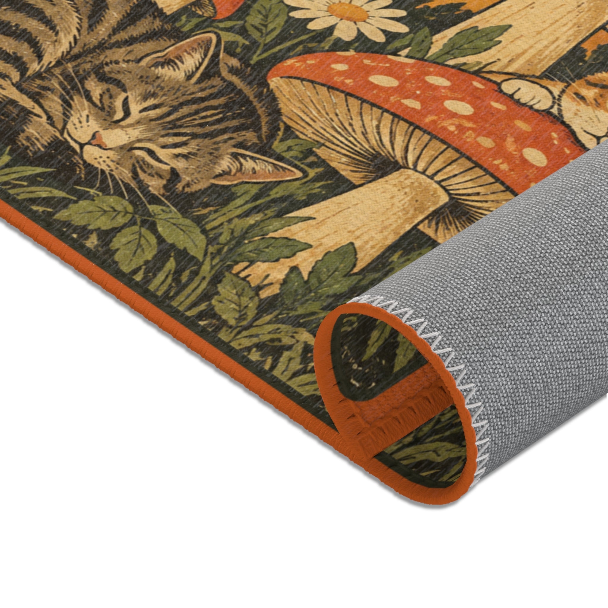 Retro Cats & Mushrooms Chenille Area Rug | Vintage Woodland Cottagecore Decor - Decor, Rugs, Indoor - EpiAl's Shop