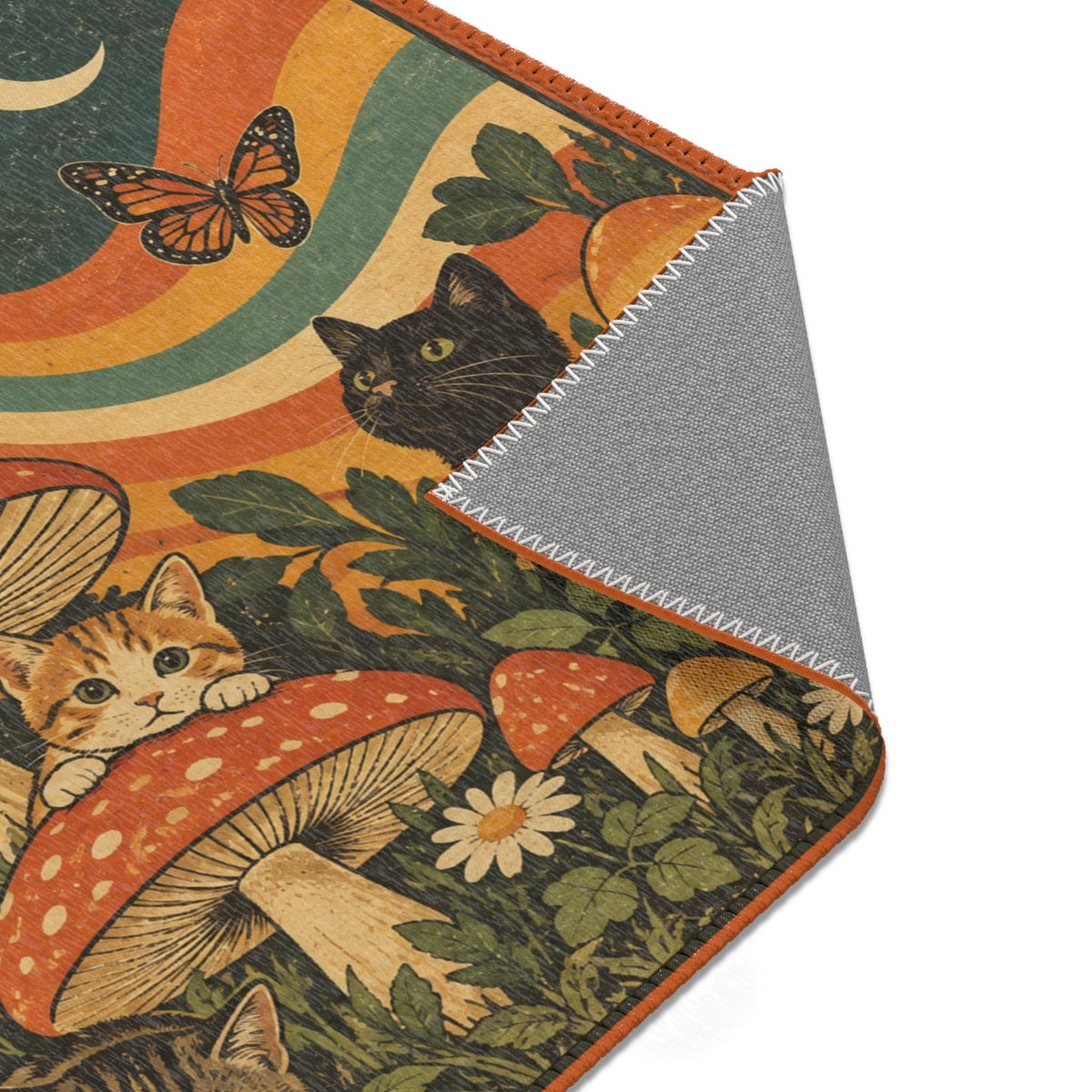 Retro Cats & Mushrooms Chenille Area Rug | Vintage Woodland Cottagecore Decor - Decor, Rugs, Indoor - EpiAl's Shop