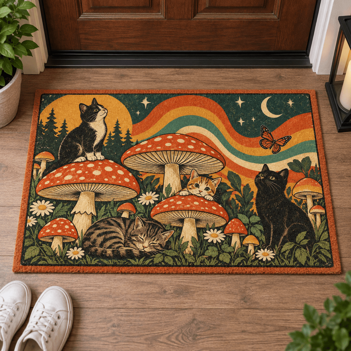 Retro Cats & Mushrooms Chenille Area Rug | Vintage Woodland Cottagecore Decor - Decor, Rugs, Indoor - EpiAl's Shop