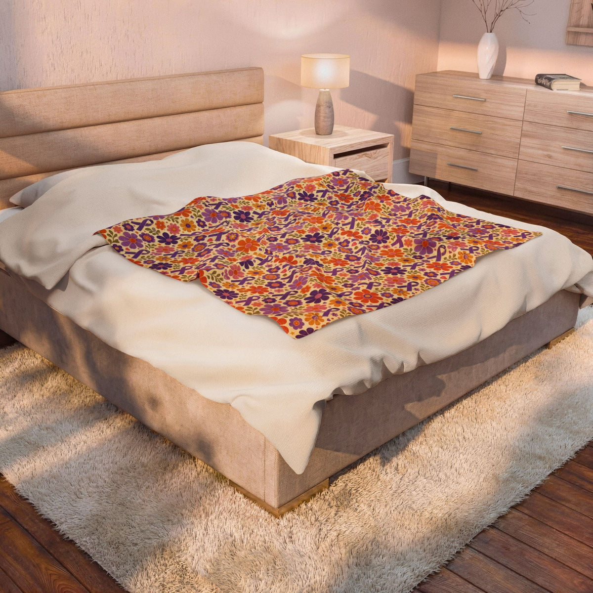 Retro Floral Epilepsy Awareness Plush Blanket | Purple Ribbon Throw - Decor, Blankets, Throw - EpiAl's Shop