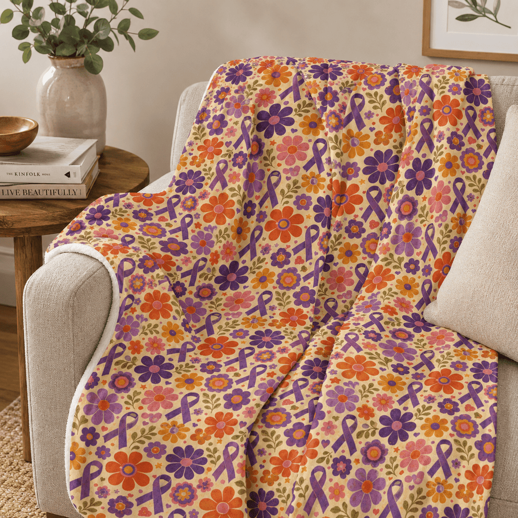 Retro Floral Epilepsy Awareness Plush Blanket | Purple Ribbon Throw - Decor, Blankets, Throw - EpiAl's Shop
