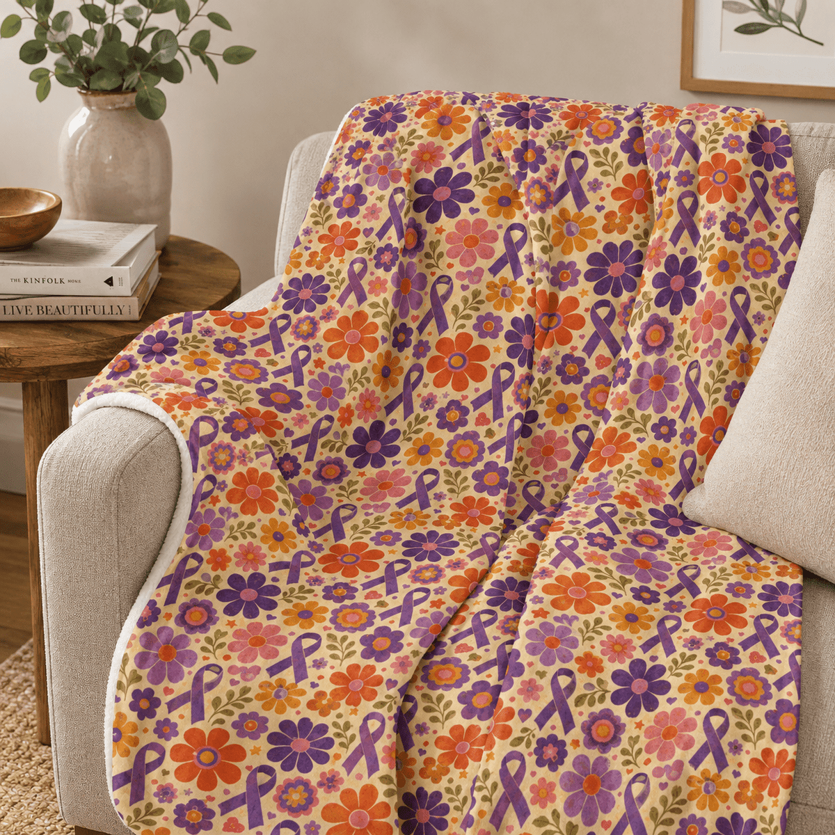 Retro Floral Epilepsy Awareness Plush Blanket | Purple Ribbon Throw - Decor, Blankets, Throw - EpiAl's Shop
