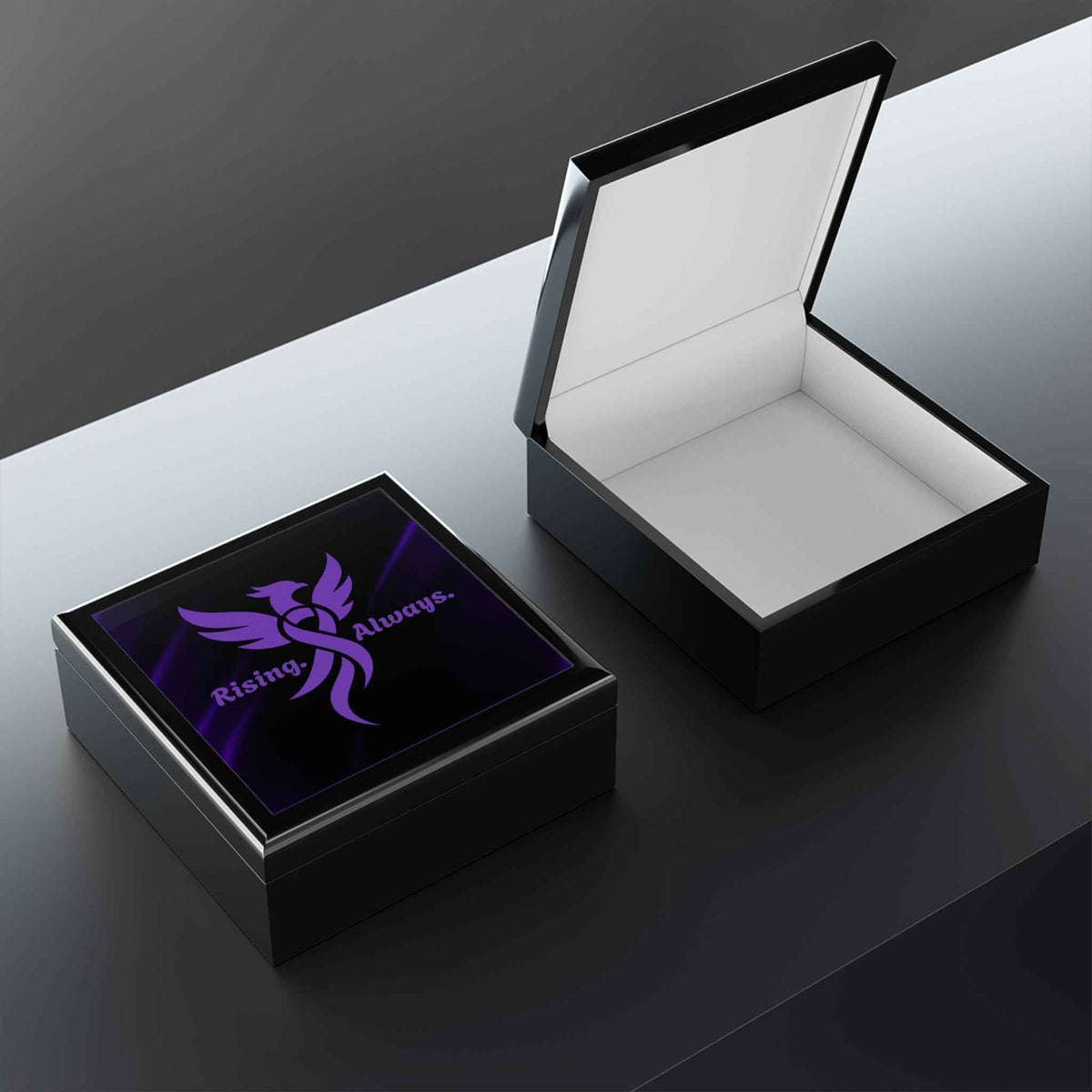 “Rising. Always.” Purple Phoenix Epilepsy-Awareness Jewelry Box - Decor, Jewelry Boxes - EpiAl's Shop